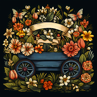 JPG 편집이미지 꽃 리본 나비 잎 사람없음 농장 주황색 빈티지 풀 심볼 디지털합성 꽃마차 이미지편집 편집실사 식물 컬러 곤충 컨셉 농업 CG 마차 파일형식