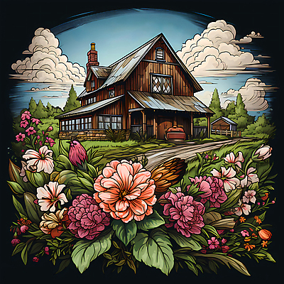 JPG 구름 편집이미지 꽃 잎 하늘 주택 사람없음 농장 빈티지 풀 디지털합성 이미지편집 편집실사 자연요소 식물 컨셉 농업 건물 CG 파일형식