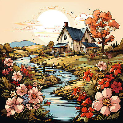 JPG 나무 구름 편집이미지 꽃 잎 하늘 산 주택 풍경 사람없음 울타리 강 농장 빈티지 풀 디지털합성 이미지편집 편집실사 자연요소 식물 컨셉 농업 건물 담장 CG 파일형식