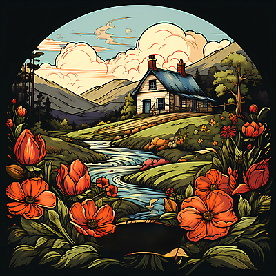 JPG 나무 구름 편집이미지 꽃 잎 산 주택 풍경 사람없음 강 농장 빈티지 풀 디지털합성 이미지편집 편집실사 자연요소 식물 컨셉 농업 건물 CG 파일형식