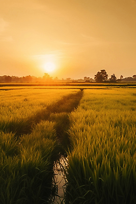 JPG 편집이미지 자연 하늘 풍경 사람없음 노란색 일몰 추수 가을 디지털합성 밀밭 편집실사 AI포토 AI콘텐츠 계절 컬러 밭 농업 노을 밀 CG 생태계 파일형식