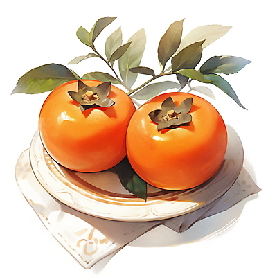 JPG 접시 잎 일러스트 수채화 감 사람없음 주황색 가을 천 국내일러스트 AI일러스트 AI콘텐츠 식물 식기 계절 컬러 과일 직물 파일형식