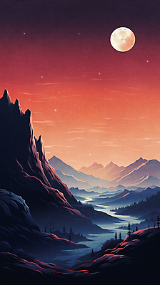 JPG 야경 일러스트 자연 하늘 사람없음 빨간색 일몰 절벽 보름달 숲 산맥 국내일러스트 AI일러스트 AI콘텐츠 컬러 산 노을 달 야간 생태계 파일형식 풍경_경치