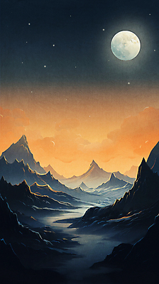 JPG 야경 일러스트 자연 밤하늘 하늘 사람없음 노란색 검은색 일몰 보름달 숲 그라데이션 산맥 국내일러스트 AI일러스트 AI콘텐츠 컬러 산 노을 달 야간 생태계 파일형식 풍경_경치