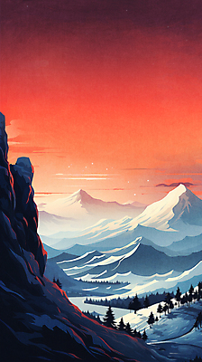 JPG 나무 야경 일러스트 자연 밤하늘 하늘 사람없음 빨간색 일몰 절벽 숲 산맥 국내일러스트 AI일러스트 AI콘텐츠 식물 컬러 산 노을 야간 생태계 파일형식 풍경_경치