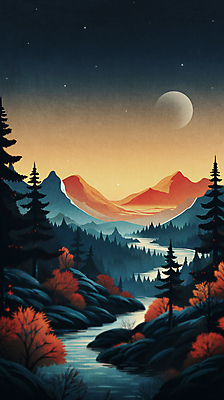 JPG 나무 야경 일러스트 자연 밤하늘 하늘 사람없음 강 일몰 달 숲 산맥 국내일러스트 AI일러스트 AI콘텐츠 자연요소 식물 산 노을 야간 생태계 파일형식 풍경_경치