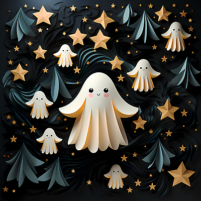 JPG 편집이미지 캐릭터 별 종이 사람없음 귀여움 할로윈 페이퍼아트 유령 디지털합성 이미지편집 편집실사 AI포토 AI콘텐츠 자연요소 컨셉 CG 파일형식