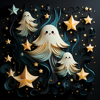 JPG 편집이미지 캐릭터 별 종이 곡선 사람없음 귀여움 할로윈 페이퍼아트 유령 디지털합성 이미지편집 편집실사 AI포토 AI콘텐츠 자연요소 선 컨셉 CG 파일형식