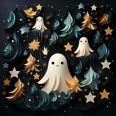 JPG 편집이미지 캐릭터 별 종이 사람없음 귀여움 할로윈 페이퍼아트 유령 디지털합성 이미지편집 편집실사 AI포토 AI콘텐츠 자연요소 컨셉 CG 파일형식