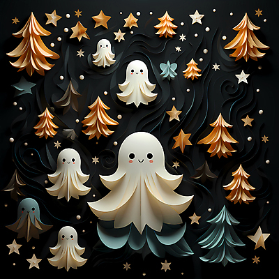 JPG 편집이미지 캐릭터 별 종이 사람없음 귀여움 할로윈 페이퍼아트 유령 디지털합성 이미지편집 편집실사 AI포토 AI콘텐츠 자연요소 컨셉 CG 파일형식