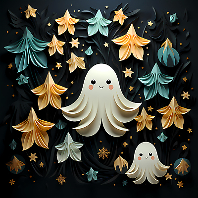 JPG 편집이미지 캐릭터 별 종이 사람없음 귀여움 할로윈 페이퍼아트 유령 디지털합성 이미지편집 편집실사 AI포토 AI콘텐츠 자연요소 컨셉 CG 파일형식