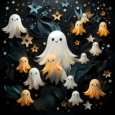 JPG 편집이미지 캐릭터 별 종이 사람없음 빛 귀여움 할로윈 페이퍼아트 유령 디지털합성 이미지편집 편집실사 AI포토 AI콘텐츠 자연요소 컨셉 CG 파일형식