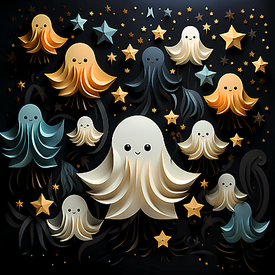 JPG 편집이미지 캐릭터 별 종이 사람없음 귀여움 할로윈 페이퍼아트 유령 디지털합성 이미지편집 편집실사 AI포토 AI콘텐츠 자연요소 컨셉 CG 파일형식