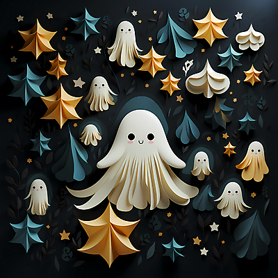 JPG 편집이미지 캐릭터 별 종이 사람없음 귀여움 할로윈 페이퍼아트 유령 디지털합성 이미지편집 편집실사 AI포토 AI콘텐츠 자연요소 컨셉 CG 파일형식