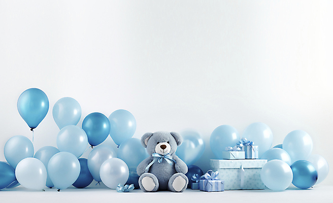 JPG 편집이미지 하늘색 기념 사람없음 선물상자 곰인형 공간 풍선 돌잔치 첫돌 편집실사 AI포토 AI콘텐츠 인형 선물 파란색 상자 돌_생일 CG 파일형식