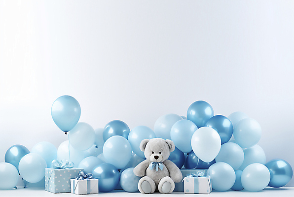 JPG 편집이미지 하늘색 기념 사람없음 선물상자 곰인형 공간 풍선 돌잔치 첫돌 편집실사 AI포토 AI콘텐츠 인형 선물 파란색 상자 돌_생일 CG 파일형식