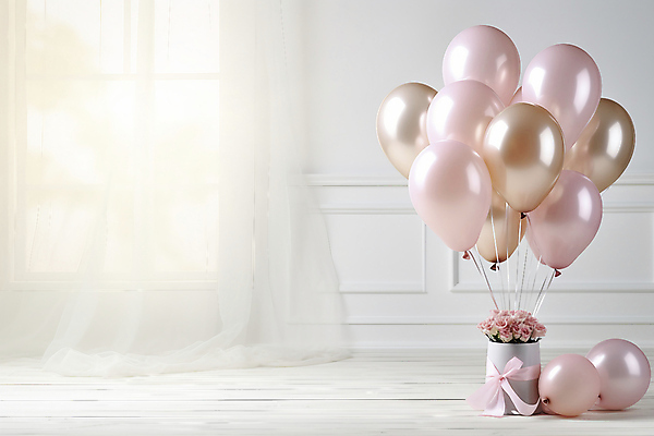 JPG 편집이미지 꽃 리본 분홍색 창문 기념 선물 사람없음 공간 흰색 커튼 풍선 돌잔치 첫돌 편집실사 AI포토 AI콘텐츠 식물 컬러 돌_생일 CG 파일형식
