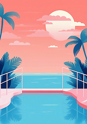 JPG 구름 편집이미지 포스터 분홍색 하늘색 하늘 수영장 풍경 해변 사람없음 여름 야자수 태양 일몰 편집실사 AI일러스트 AI콘텐츠 자연요소 나무 계절 바다 컬러 파란색 노을 CG 파일형식