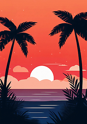 JPG 구름 편집이미지 실루엣 포스터 풍경 해변 사람없음 빨간색 여름 야자수 태양 일몰 풀 편집실사 AI일러스트 AI콘텐츠 자연요소 나무 식물 계절 바다 컬러 촬영기법 노을 CG 파일형식