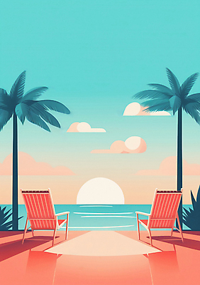 JPG 구름 편집이미지 포스터 하늘색 하늘 풍경 해변 사람없음 여름 야자수 태양 일몰 풀 선베드 다홍색 편집실사 AI일러스트 AI콘텐츠 자연요소 나무 식물 계절 바다 컬러 의자 파란색 노을 CG 파일형식