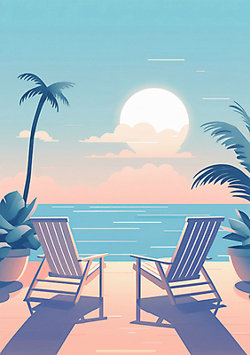 JPG 구름 편집이미지 포스터 하늘색 하늘 풍경 해변 사람없음 여름 야자수 태양 일몰 풀 선베드 편집실사 AI일러스트 AI콘텐츠 자연요소 나무 식물 계절 바다 의자 파란색 노을 CG 파일형식