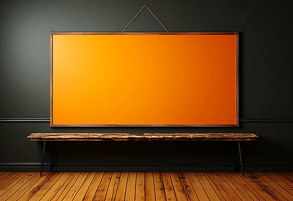 JPG 편집이미지 벽 액자 프레임 사람없음 검은색 주황색 칠판 디지털합성 나무바닥 나무탁자 목업 카피스페이스 편집실사 AI포토 AI콘텐츠 컬러 탁자 바닥 공백 CG 파일형식