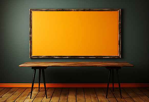 JPG 편집이미지 벽 액자 프레임 사람없음 주황색 칠판 디지털합성 나무바닥 나무탁자 목업 카피스페이스 편집실사 AI포토 AI콘텐츠 컬러 탁자 바닥 공백 CG 파일형식