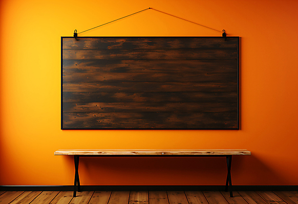 JPG 편집이미지 벽 액자 프레임 사람없음 나뭇결 갈색 주황색 칠판 디지털합성 나무바닥 벽걸이 나무탁자 목업 카피스페이스 편집실사 AI포토 AI콘텐츠 컬러 탁자 바닥 공백 CG 파일형식