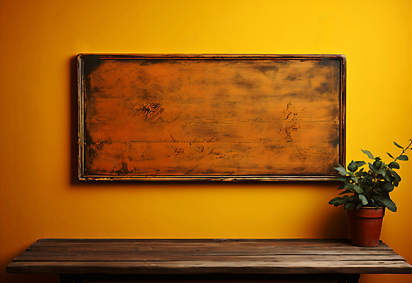 JPG 편집이미지 화분 벽 액자 프레임 사람없음 나뭇결 주황색 칠판 디지털합성 벽걸이 나무탁자 목업 카피스페이스 편집실사 AI포토 AI콘텐츠 컬러 탁자 공백 CG 파일형식