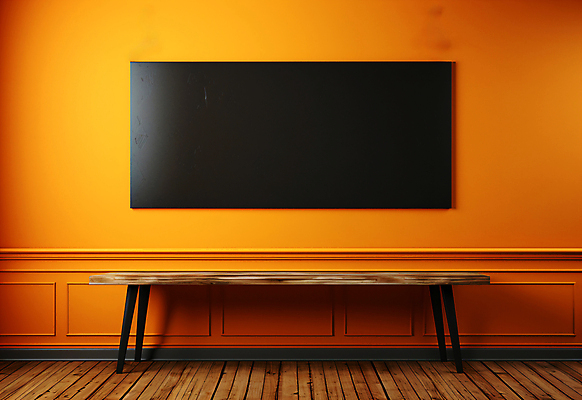 JPG 편집이미지 벽 액자 프레임 사람없음 검은색 주황색 칠판 디지털합성 나무바닥 벽걸이 나무탁자 목업 카피스페이스 웨인스코팅 편집실사 AI포토 AI콘텐츠 컬러 탁자 바닥 인테리어 공백 CG 파일형식