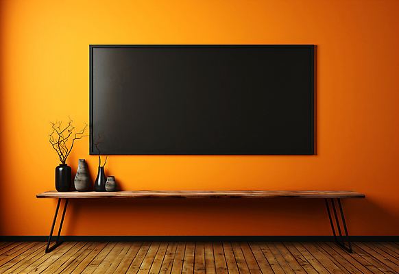 JPG 편집이미지 화분 벽 액자 프레임 사람없음 검은색 주황색 칠판 디지털합성 나무바닥 벽걸이 나무탁자 목업 카피스페이스 편집실사 AI포토 AI콘텐츠 컬러 탁자 바닥 공백 CG 파일형식