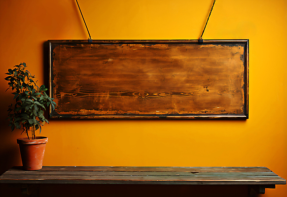 JPG 편집이미지 화분 벽 액자 프레임 사람없음 나뭇결 갈색 주황색 칠판 디지털합성 벽걸이 나무탁자 목업 카피스페이스 편집실사 AI포토 AI콘텐츠 컬러 탁자 공백 CG 파일형식