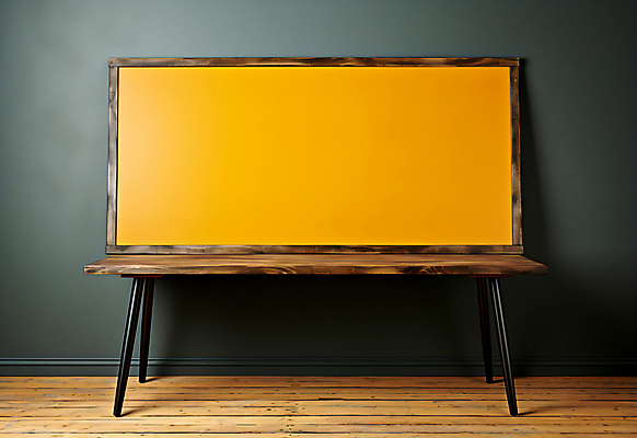 JPG 편집이미지 벽 액자 프레임 사람없음 검은색 주황색 칠판 디지털합성 나무바닥 나무탁자 목업 카피스페이스 편집실사 AI포토 AI콘텐츠 컬러 탁자 바닥 공백 CG 파일형식