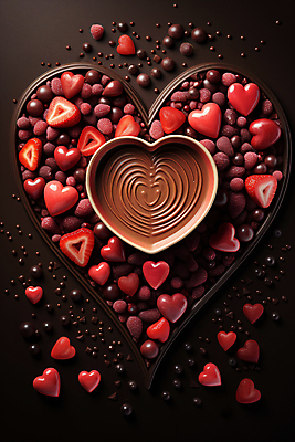 JPG 편집이미지 딸기 발렌타인데이 사랑 사람없음 빨간색 갈색 초콜릿 하트 디지털합성 편집실사 AI포토 AI콘텐츠 모양 감정 컬러 과일 데이이벤트 디저트 CG 파일형식