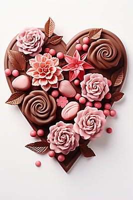 JPG 편집이미지 꽃 분홍색 나뭇잎 발렌타인데이 사랑 사람없음 갈색 초콜릿 하트 디지털합성 편집실사 AI포토 AI콘텐츠 모양 식물 감정 컬러 잎 데이이벤트 디저트 CG 파일형식