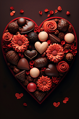 JPG 편집이미지 꽃 발렌타인데이 사랑 사람없음 빨간색 갈색 초콜릿 하트 디지털합성 편집실사 AI포토 AI콘텐츠 모양 식물 감정 컬러 데이이벤트 디저트 CG 파일형식