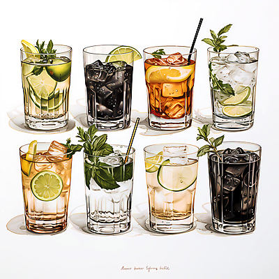 JPG 잎 과일 일러스트 잔 종류 빨대 사람없음 얼음 다양 칵테일 라임 국내일러스트 AI일러스트 AI콘텐츠 자연요소 식물 식기 다수 주류 파일형식