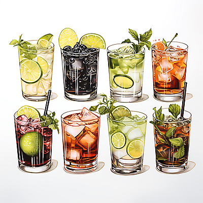 JPG 잎 과일 일러스트 잔 종류 빨대 사람없음 얼음 다양 칵테일 라임 국내일러스트 AI일러스트 AI콘텐츠 자연요소 식물 식기 다수 주류 파일형식