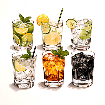 JPG 잎 과일 일러스트 잔 종류 빨대 사람없음 얼음 다양 칵테일 라임 국내일러스트 AI일러스트 AI콘텐츠 자연요소 식물 식기 다수 주류 파일형식
