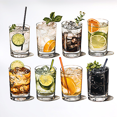 JPG 잎 과일 일러스트 잔 종류 빨대 사람없음 얼음 다양 칵테일 라임 국내일러스트 AI일러스트 AI콘텐츠 자연요소 식물 식기 다수 주류 파일형식