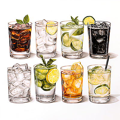 JPG 잎 과일 일러스트 잔 종류 빨대 사람없음 얼음 다양 칵테일 라임 국내일러스트 AI일러스트 AI콘텐츠 자연요소 식물 식기 다수 주류 파일형식