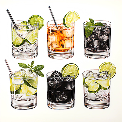 JPG 잎 과일 일러스트 잔 종류 빨대 사람없음 얼음 다양 칵테일 라임 국내일러스트 AI일러스트 AI콘텐츠 자연요소 식물 식기 다수 주류 파일형식