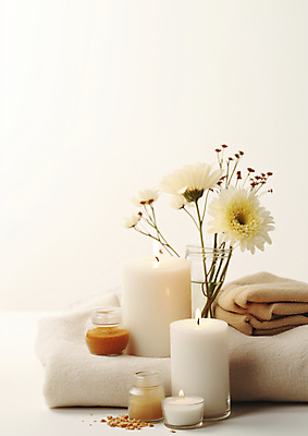 JPG 편집이미지 초 휴식 사람없음 수건 꽃병 흰색 피부관리 힐링 스파용품 에스테틱 회복 편집실사 AI포토 AI콘텐츠 꽃 컬러 컨셉 위생용품 뷰티 스파 CG 오브젝트 파일형식