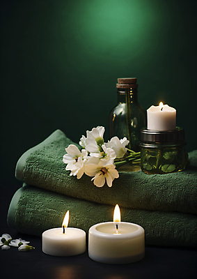 JPG 편집이미지 꽃 초 유리병 휴식 사람없음 초록색 수건 피부관리 힐링 스파용품 에스테틱 회복 편집실사 AI포토 AI콘텐츠 식물 컬러 컨셉 병_용기 위생용품 뷰티 스파 CG 오브젝트 파일형식