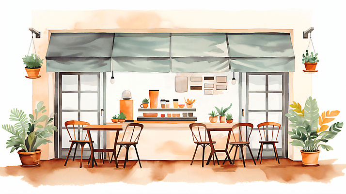 JPG 외관 화분 액자 의자 일러스트 탁자 수채화 사람없음 건물 컵 문 상점 카페 차양 상업시설 국내일러스트 AI일러스트 AI콘텐츠 식기 건축물 가구 시설 상업 파일형식