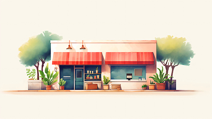 JPG 나무 외관 화분 일러스트 수채화 사람없음 건물 문 상점 차양 상업시설 국내일러스트 AI일러스트 AI콘텐츠 식물 건축물 시설 상업 파일형식