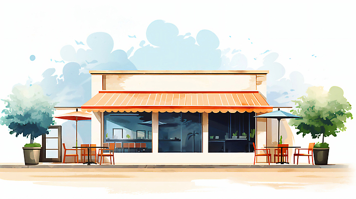 JPG 나무 외관 화분 의자 일러스트 창문 탁자 수채화 사람없음 건물 레스토랑 파라솔 차양 상업시설 국내일러스트 AI일러스트 AI콘텐츠 식물 건축물 가구 식당 시설 상업 파일형식
