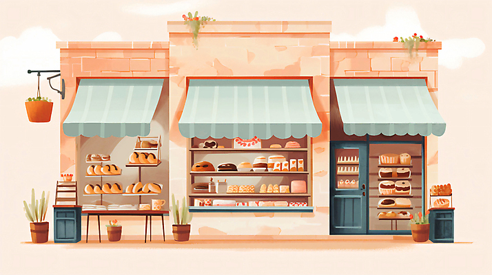 JPG 외관 화분 빵 일러스트 수채화 사람없음 건물 문 케이크 빵집 도넛 협탁 차양 상업시설 국내일러스트 AI일러스트 AI콘텐츠 건축물 음식 가구 디저트 상점 시설 상업 파일형식