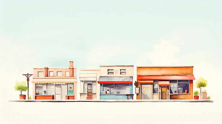 JPG 나무 외관 화분 일러스트 수채화 사람없음 건물 문 상점 상업시설 국내일러스트 AI일러스트 AI콘텐츠 식물 건축물 시설 상업 파일형식