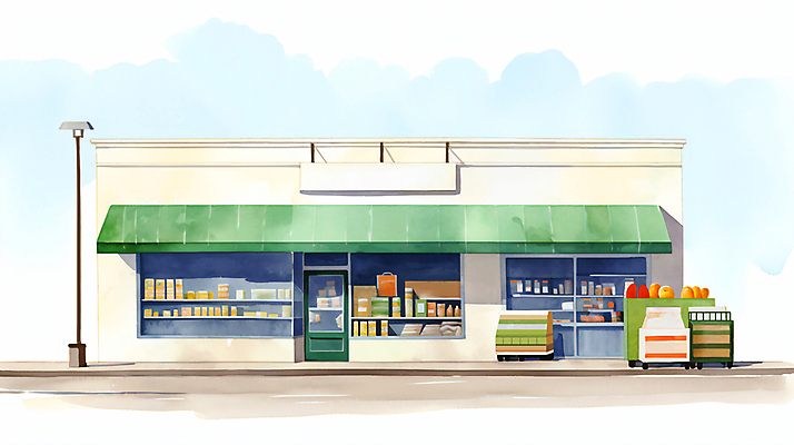 JPG 외관 가로등 일러스트 수채화 간판 사람없음 건물 문 마트 슈퍼마켓 차양 상업시설 국내일러스트 AI일러스트 AI콘텐츠 건축물 공공시설 상점 시설 상업 파일형식